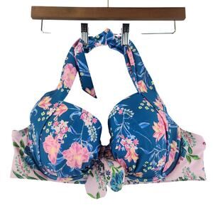 Adore Me Womens Halter Underwire Bikini Top 40D Teal Pink Floral Reversible